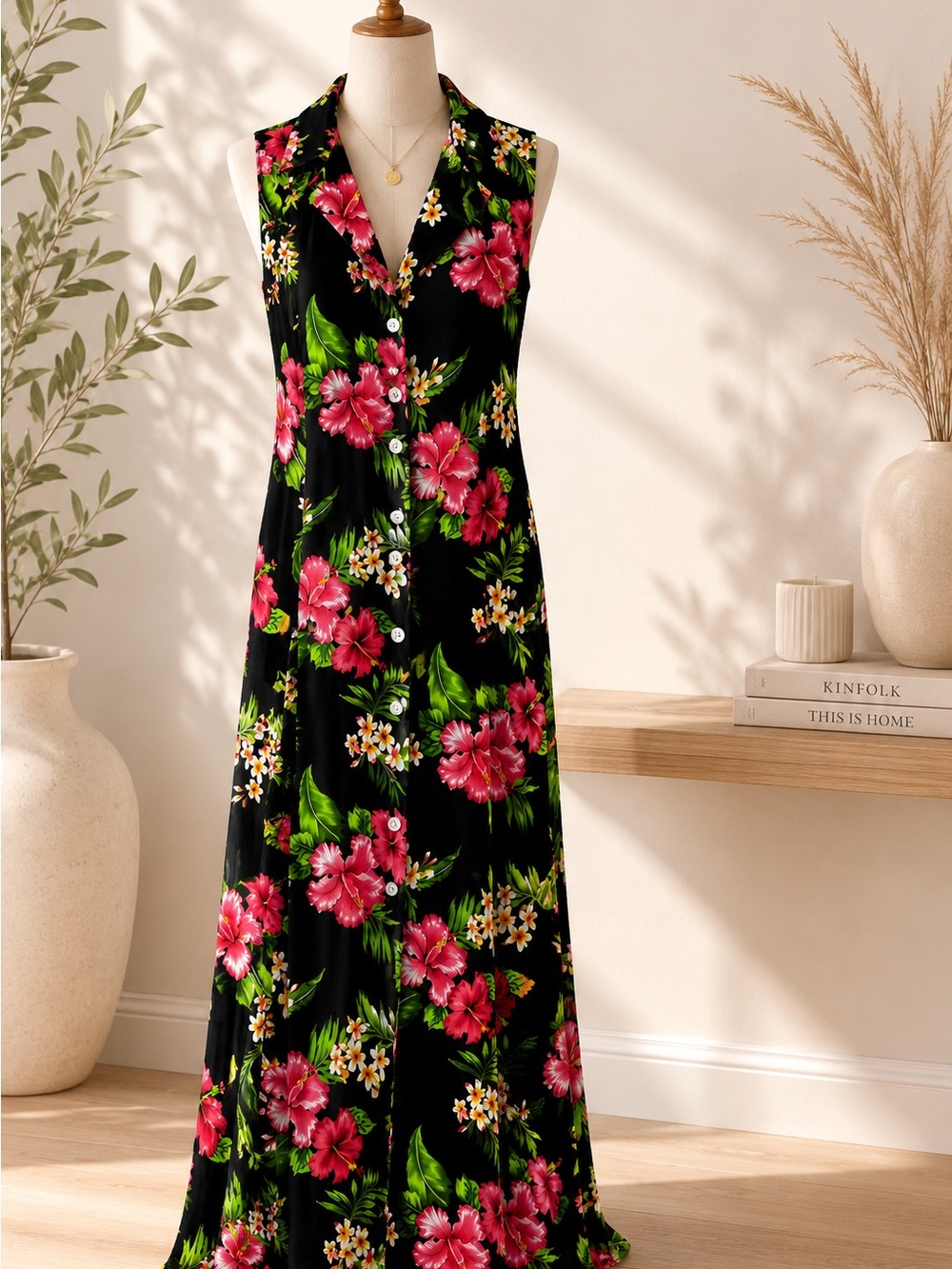 J&J Fashion Hawaii Black Floral Hibiscus Hawaiian Maxi Dress